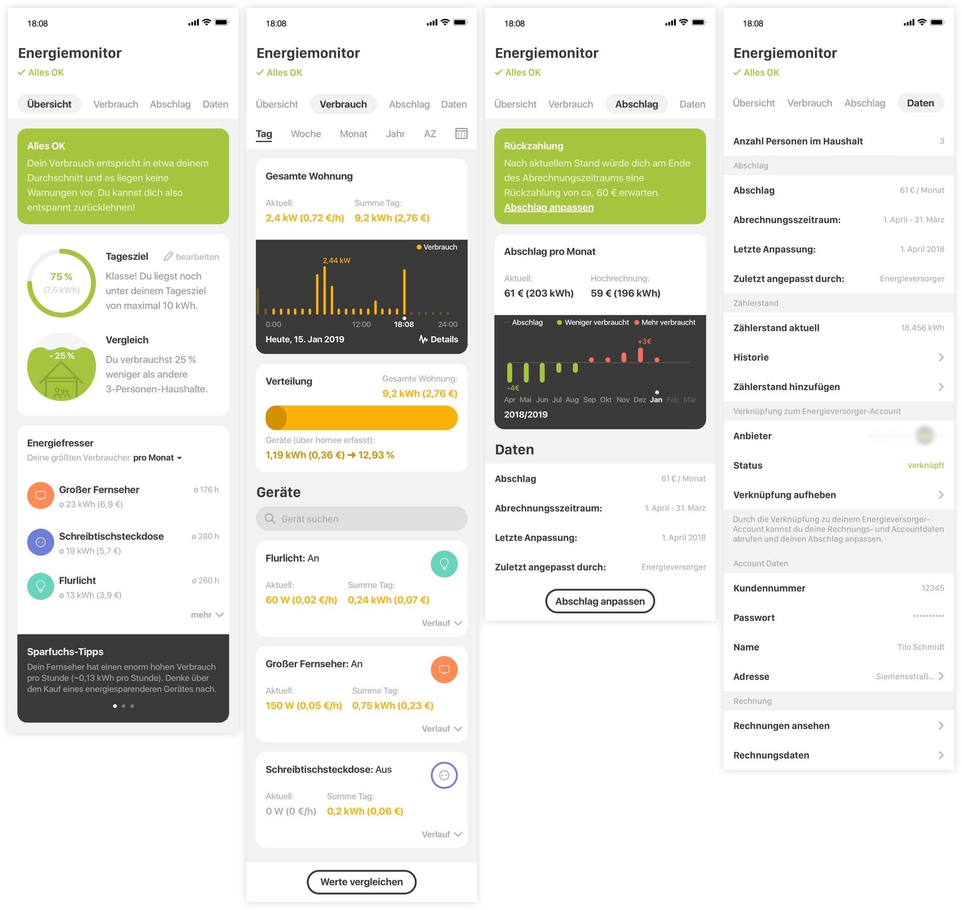 The different sections of the Energy Monitor